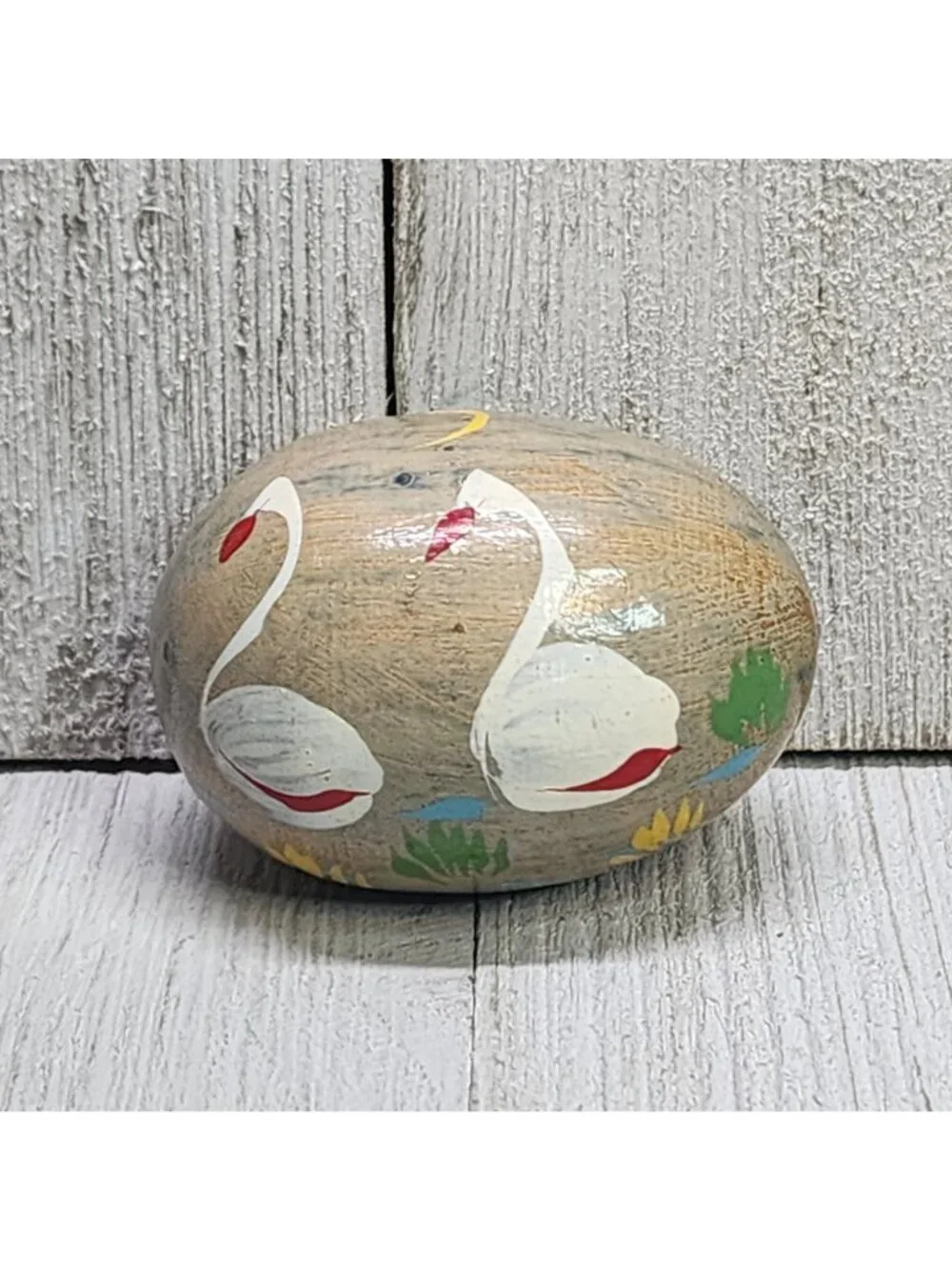 Painted Swan Wooden Egg Shaped Paperweight Home Art Decorative Collectible Vtg